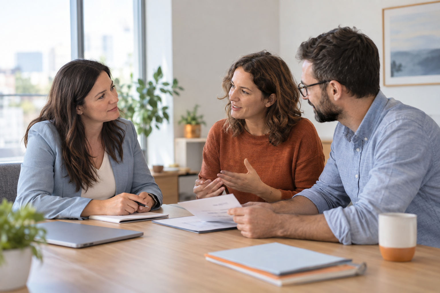 Trois collègues échangent avec attention et confiance autour d’un document.